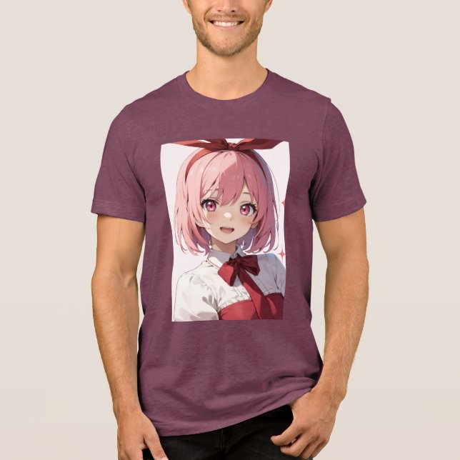 Cute Pink-Haired Anime Girl Illustration T Shirt (Framsida)
