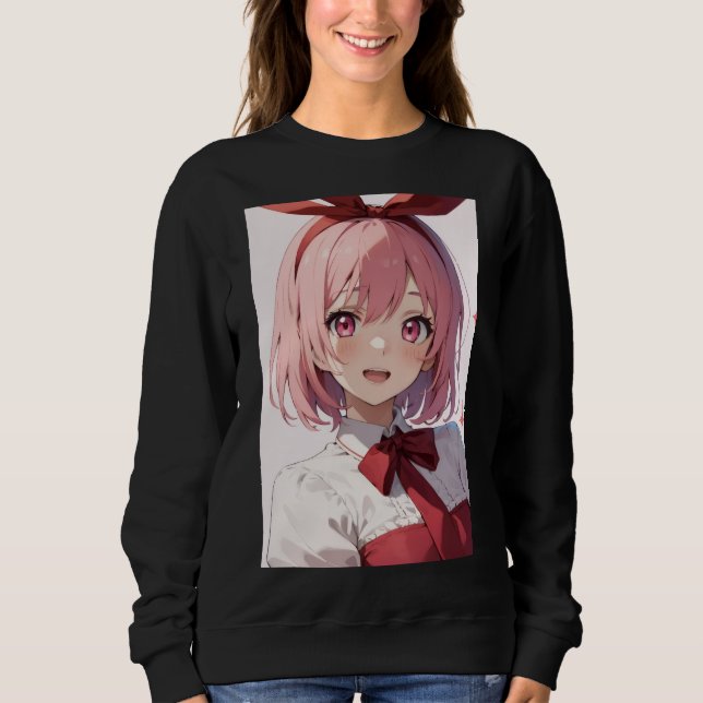 Cute Pink-Haired Anime Girl Illustration T Shirt (Framsida)