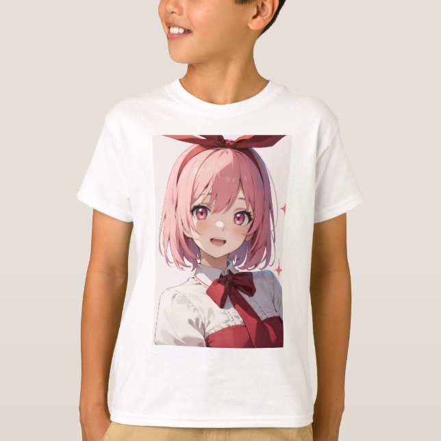 Cute Pink-Haired Anime Girl Illustration T Shirt (Framsida)