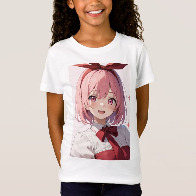Cute Pink-Haired Anime Girl Illustration T Shirt (Framsida)