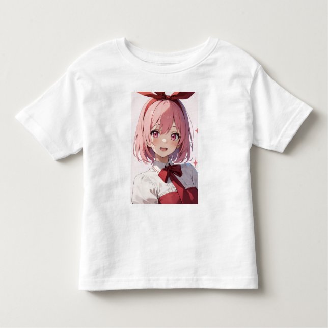 Cute Pink-Haired Anime Girl Illustration T Shirt (Framsida)