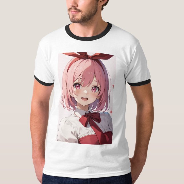 Cute Pink-Haired Anime Girl Illustration T Shirt (Framsida)