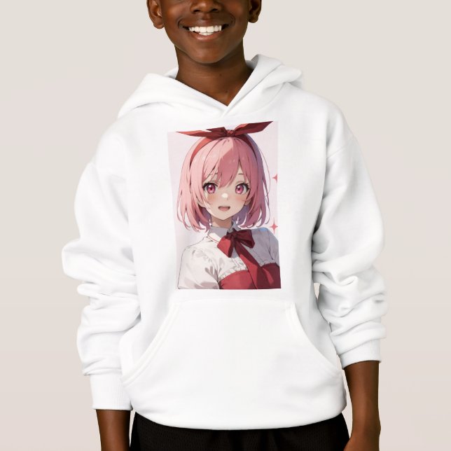 Cute Pink-Haired Anime Girl Illustration T Shirt (Framsida)