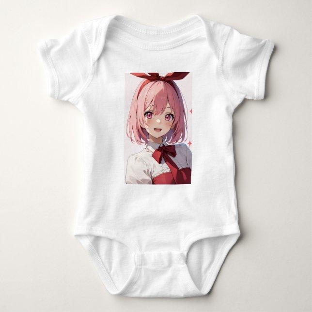 Cute Pink-Haired Anime Girl Illustration T Shirt (Framsida)