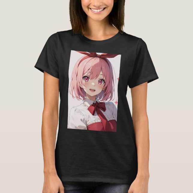 Cute Pink-Haired Anime Girl Illustration T Shirt (Framsida)