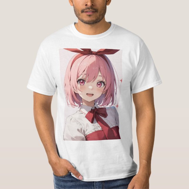 Cute Pink-Haired Anime Girl Illustration T Shirt (Framsida)
