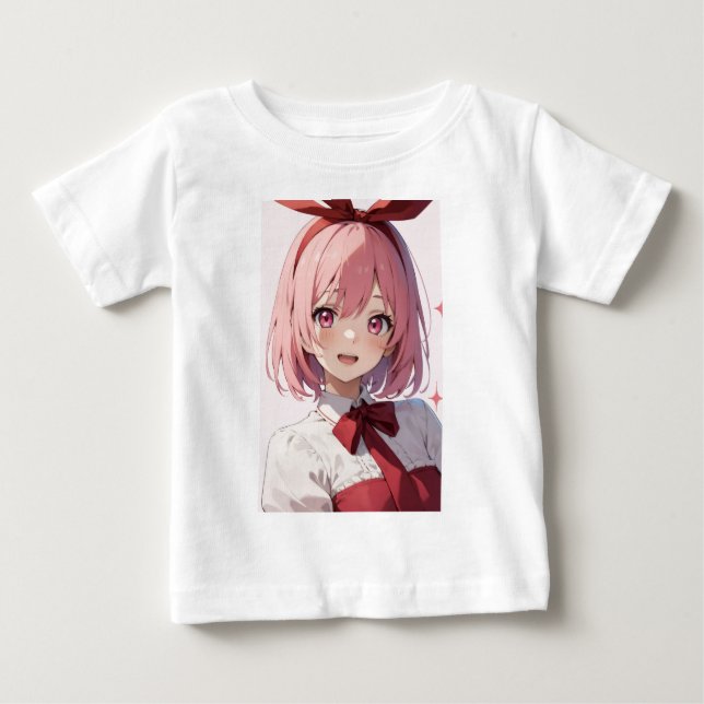 Cute Pink-Haired Anime Girl Illustration T Shirt (Framsida)