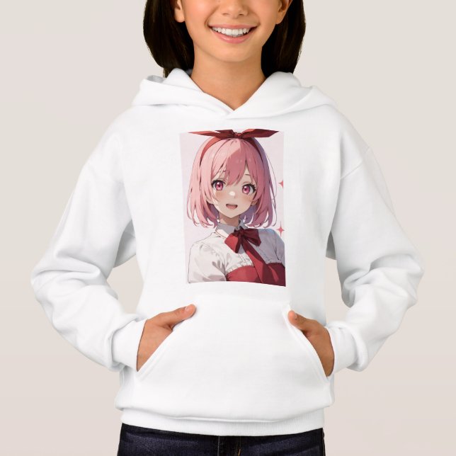 Cute Pink-Haired Anime Girl Illustration T Shirt (Framsida)