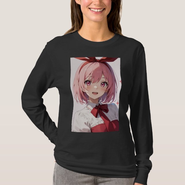 Cute Pink-Haired Anime Girl Illustration T Shirt (Framsida)