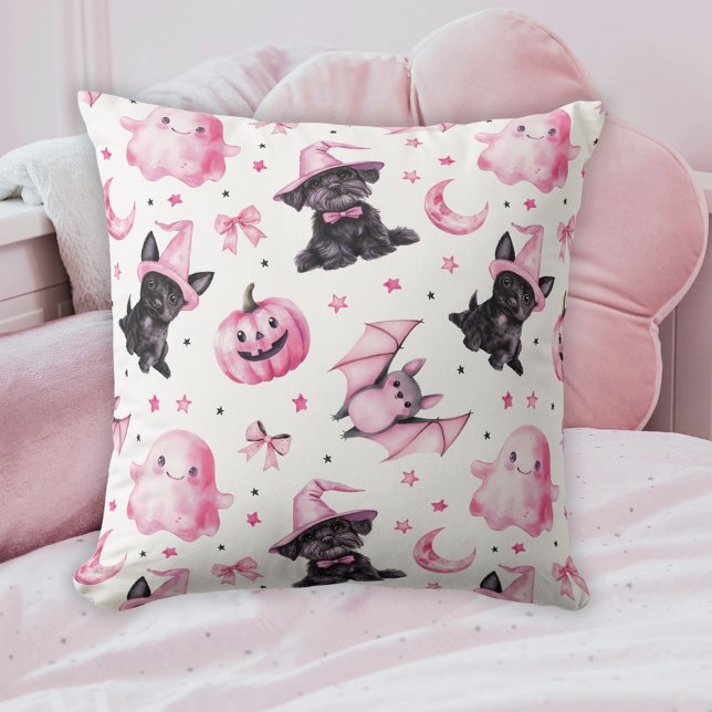 Cute Pink Halloween Ghosts & Dogs Throw Pillow Kudde (Cute Pink Halloween Ghosts & Dogs Throw Pillow)