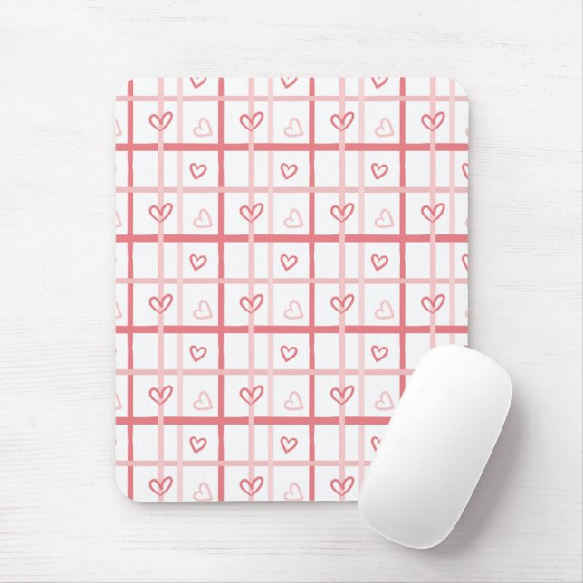 Cute Pink Heart Grid Pattern Musmatta (Med mus)