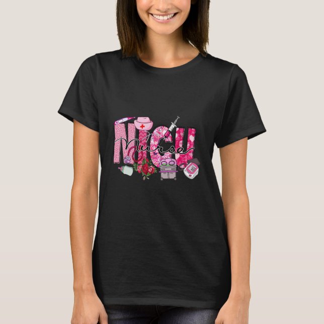 Cute Pink Heart Leopard Happy Valentines Day NICU  T Shirt (Framsida)