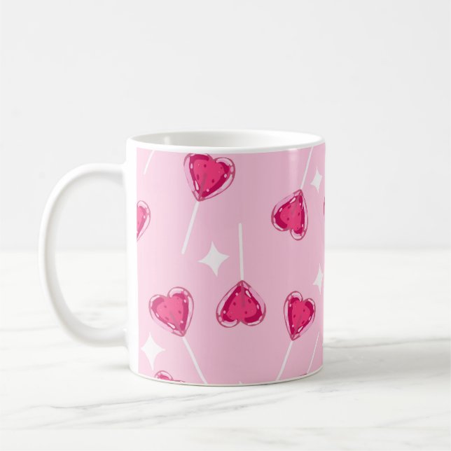 Cute Pink Heart Lollipop Seamless Pattern Kaffemugg (Vänster)