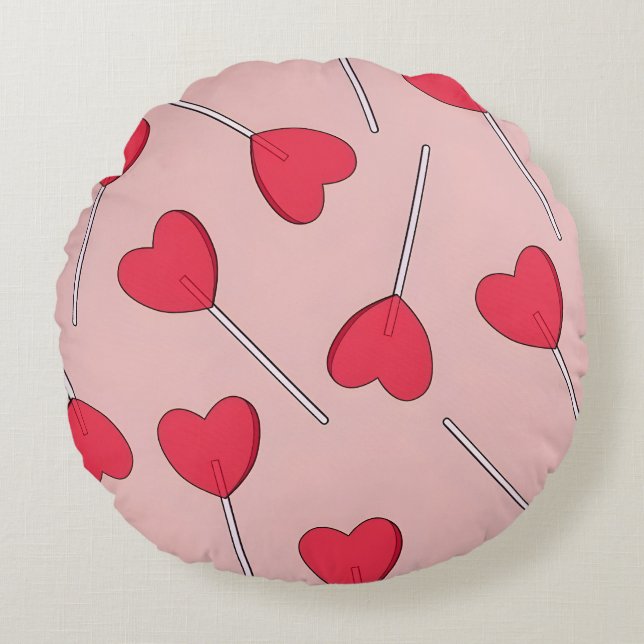 Cute Pink Heart Lollipops Seamless Pattern Rund Kudde (Framsidan)