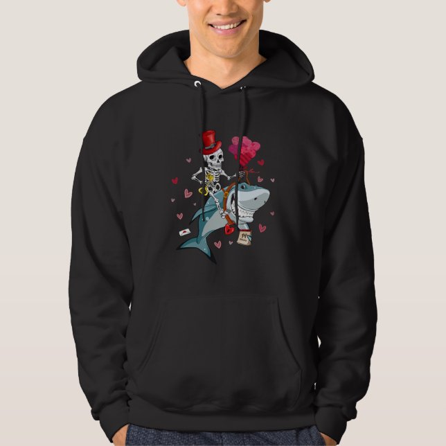 Cute Pink Heart Skeleton Riding Shark Valentines D Hoodie (Framsida)