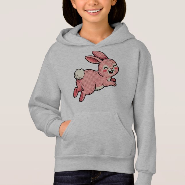 Cute Pink Hopping Bunny Rabbit Kids Hoodie T Shirt (Framsida)