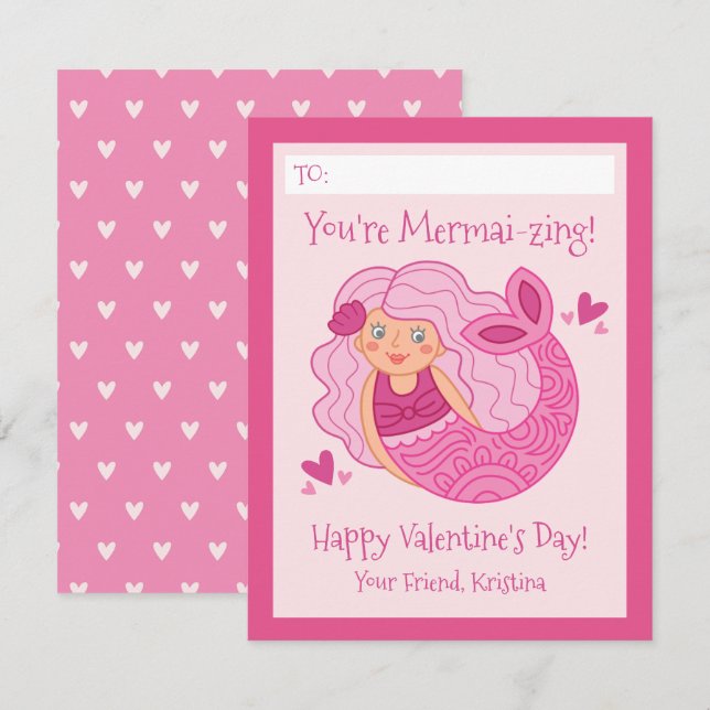 Cute Pink Kids Mermaid Valentine Anteckningskort (Fram/baksida)