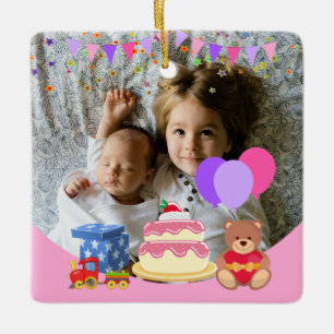 Cute Pink Kids Toys Birthday Celebration Photo Julgransprydnad Keramik