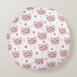 Cute Pink Kittens and Hearts Pattern for Kids Rund Kudde