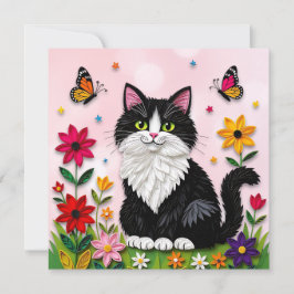 Cute Pink Kitty Cat in Flowers Inbjudningar