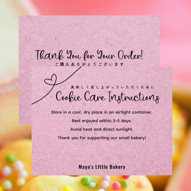 Cute Pink Kraft Heart Cookie Care Instructions Tack Kort (Skapare uppladdad)