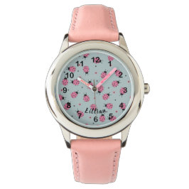 Cute Pink Ladybugs & Custom Name on Blue Armbandsur