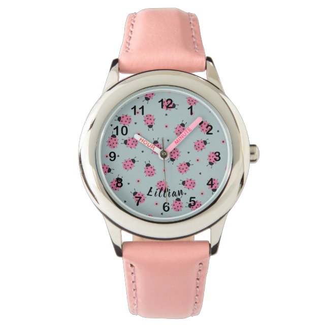 Cute Pink Ladybugs & Custom Name on Blue Armbandsur (Framsida)