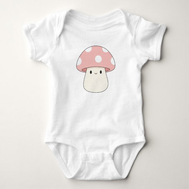Cute Pink Mushroom Baby Bodysuit – Kawaii Toadstoo T Shirt (Framsida)