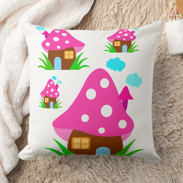 Cute Pink Mushroom House and Clouds  Baby Blanket Kudde (Filt)