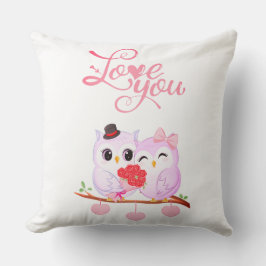 Cute Pink Owls Couple Valentine Heart Kudde
