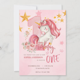 Cute Pink Pastel Unicorn 1st Birthday Invitation Inbjudningar
