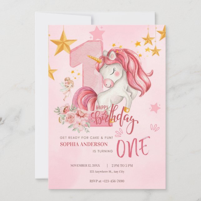 Cute Pink Pastel Unicorn 1st Birthday Invitation Inbjudningar (Framsida)