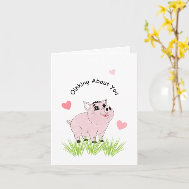 Cute pink pig for Valentine Kort (Gul blomma)