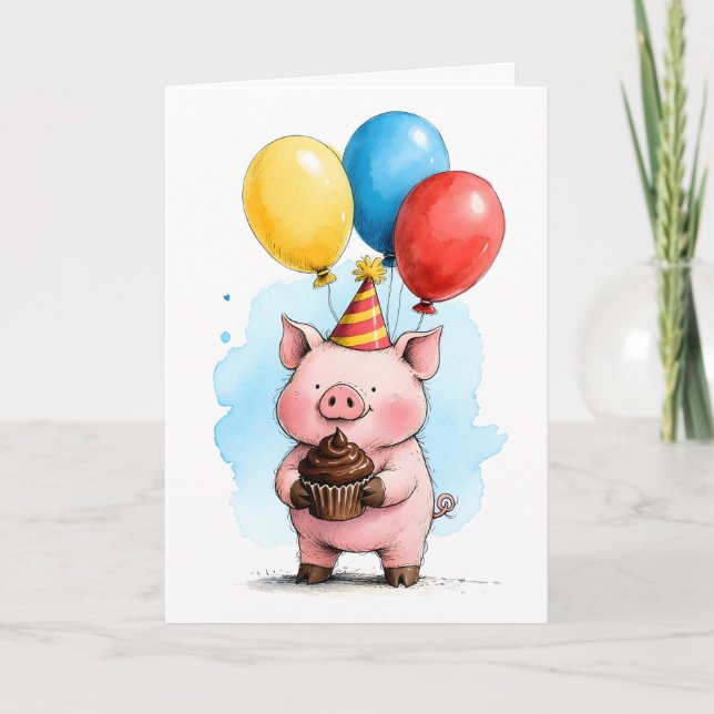 Cute Pink Pig with Cupcake Kid's Happy Birthday Kort (Framsida)