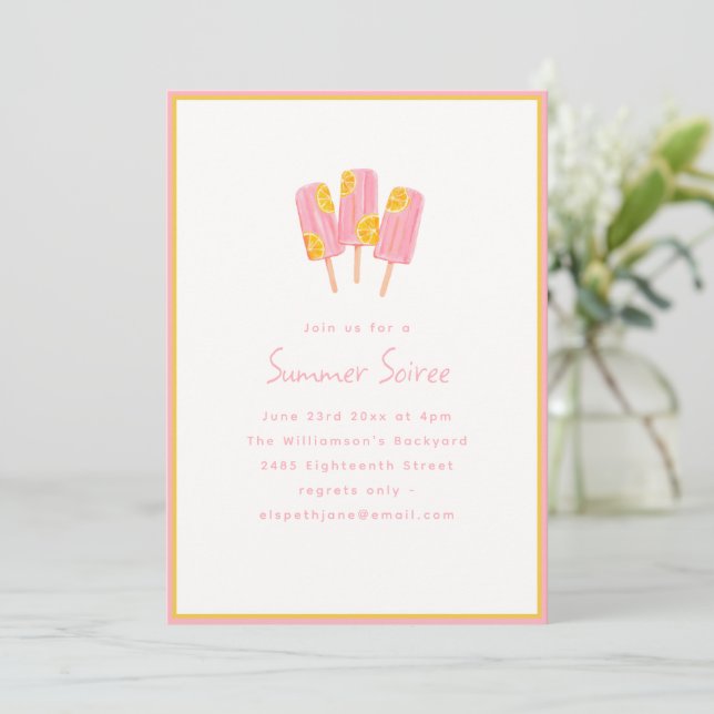 Cute Pink Popsicle Lemon Summer Soiree Party Inbjudningar (Stående Fram)
