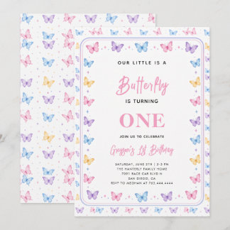 Cute Pink Purple Butterfly 1st Birthday for Girls Inbjudningar