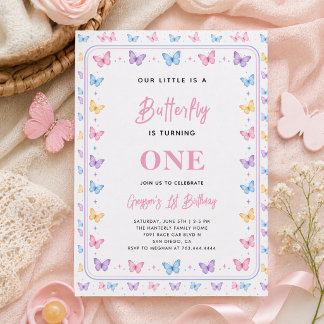 Cute Pink Purple Butterfly 1st Birthday for Girls Inbjudningar