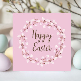 Cute Pink Pussy Willow Happy Easter Julkort
