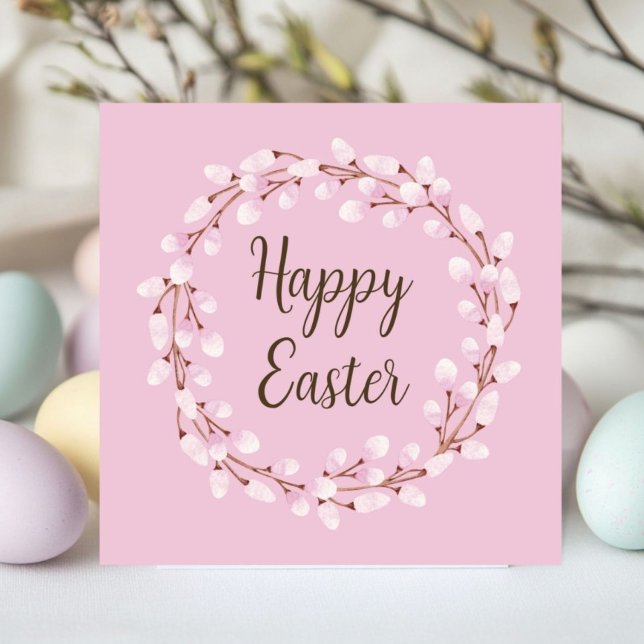Cute Pink Pussy Willow Happy Easter Julkort (Cute Pink Pussy Willow Happy Easter Holiday Card)