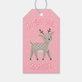 Cute Pink Reindeer Kid`s Name Christmas  Presentetikett