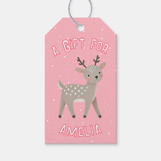 Cute Pink Reindeer Kid`s Name Christmas  Presentetikett (Framsidan)
