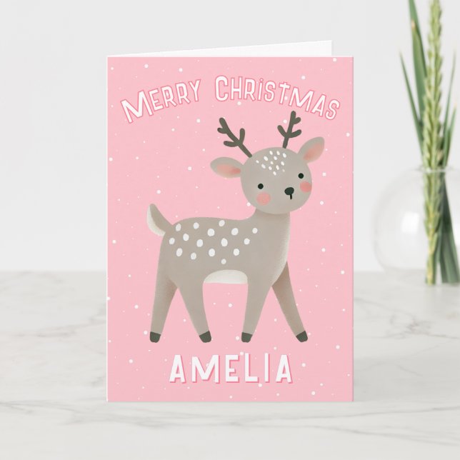 Cute Pink Reindeer Kid`s Name Merry Christmas Kort (Framsida)