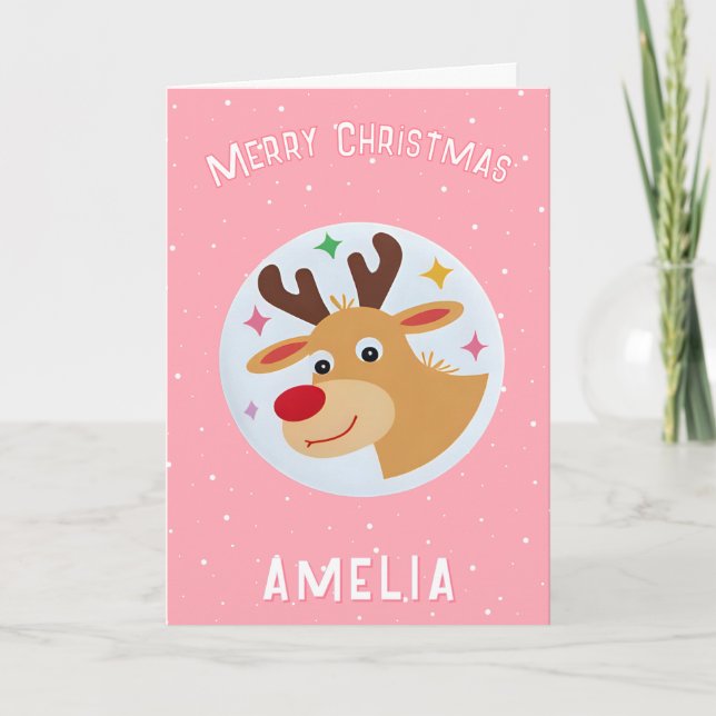 Cute Pink Reindeer Kid`s Name Merry Christmas Kort (Framsida)