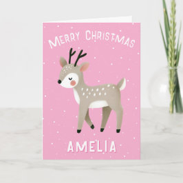 Cute Pink Reindeer Kid`s Name Merry Christmas Kort