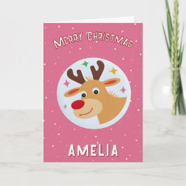 Cute Pink Reindeer Kid`s Name Merry Christmas Kort