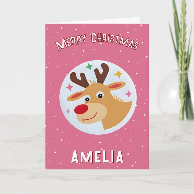 Cute Pink Reindeer Kid`s Name Merry Christmas Kort (Framsida)