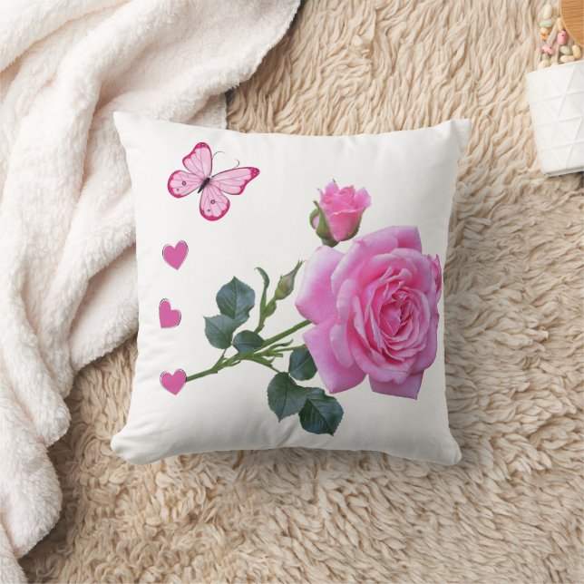 Cute Pink Rose Butterfly Hearts Throw Pillow  Kudde (Filt)