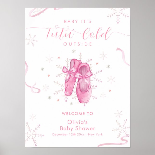 Cute Pink Snowflake Ballerina Baby Shower Welcome  Poster (Framsidan)
