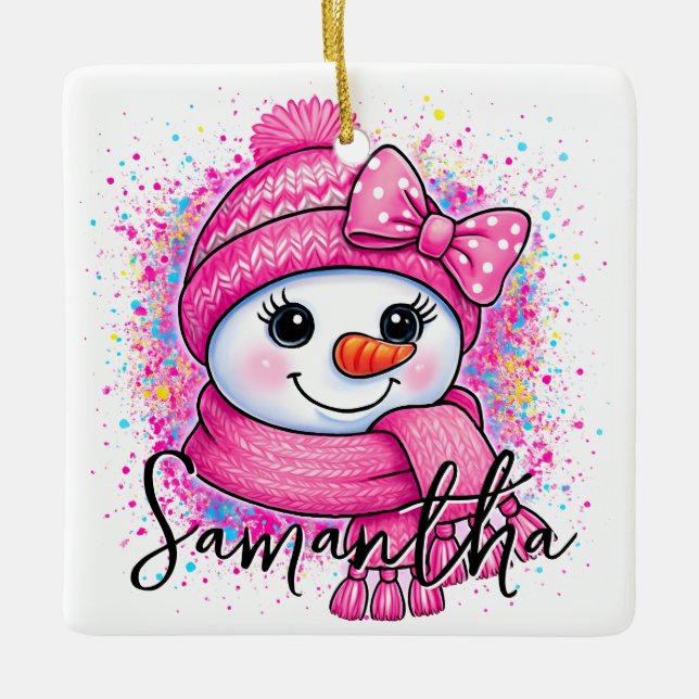 Cute Pink Snowgirl Photo Julgransprydnad Keramik (Framsida)