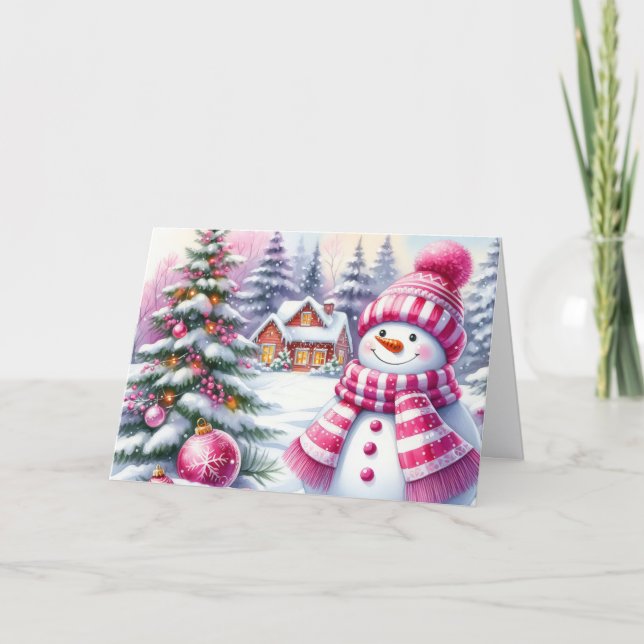 Cute Pink Snowman Christmas Helgkort (Framsida)